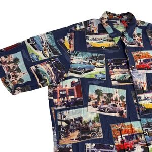 Reyn Spooner Vintage Cars Button Down Shirt Mens XL Blue Hawaiian Aloha Rayon